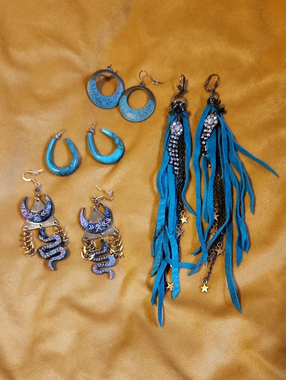 Boho Goth Cowgirl Western Fringe Teal Statement Earrings Set